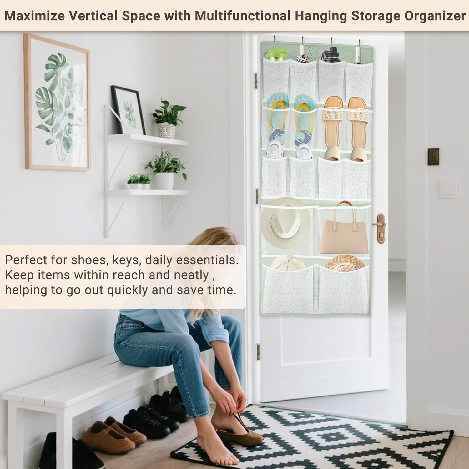 Custom Logo 16 Pockets Over Door Hanging Organizer Private Label Back of Door Shoes Organizer with 4 Kinds of Pouches Factory Closet Hanging Shelf Holder for Socks Hats Underwear Travel Outfits Home Dorm RV Storage