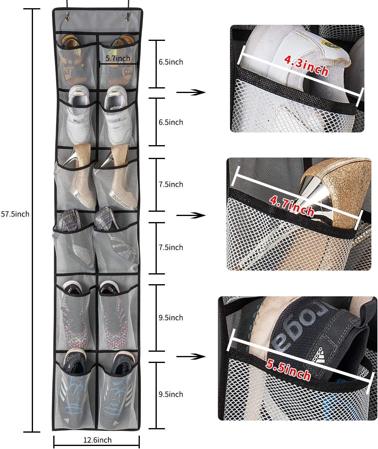 Private Label Over-the-Door Shoe Organizer 2 Pack with Mesh Pockets - Custom Logo Hanging Shoe Rack Shoe Storage Closet 4 Hooks Washable Breathable Fabric - Large Size 57.5×12.6inch Grey Manufacturer