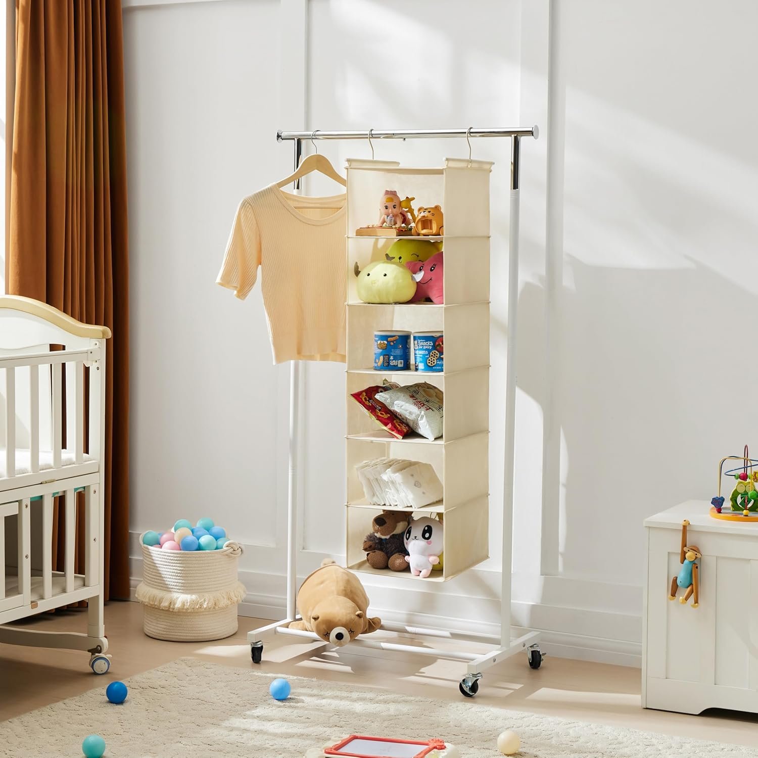 Manufacturer 6 Tier Private Label Hanging Closet Organizer Cloth Shelf with 2 Sturdy Hooks Custom Logo Foldable Beige