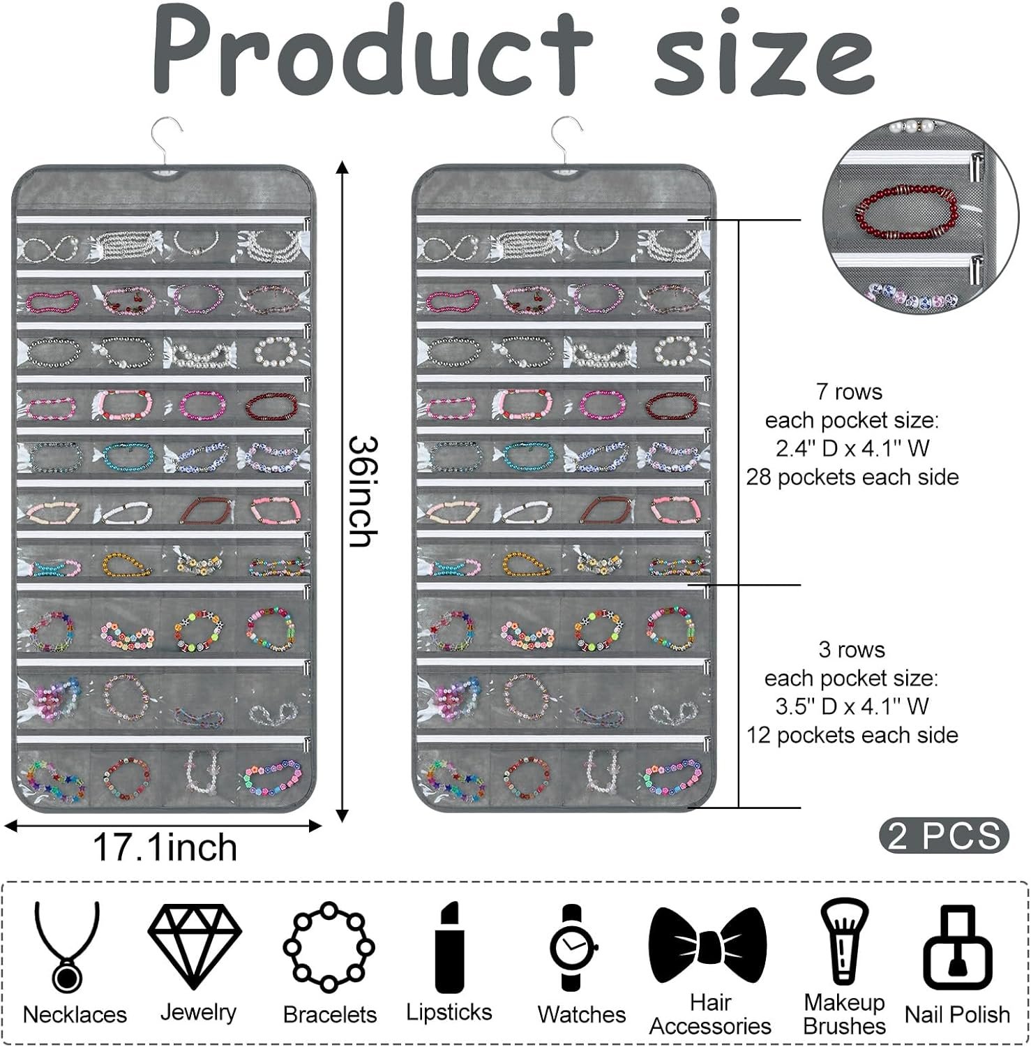 Private Label 2 Pack Dual-Sided Zippered Pocket Hanging Jewelry Organizer with Custom Logo 80 Zippered Pockets Each by Manufacturer for Earrings Bracelets Rings