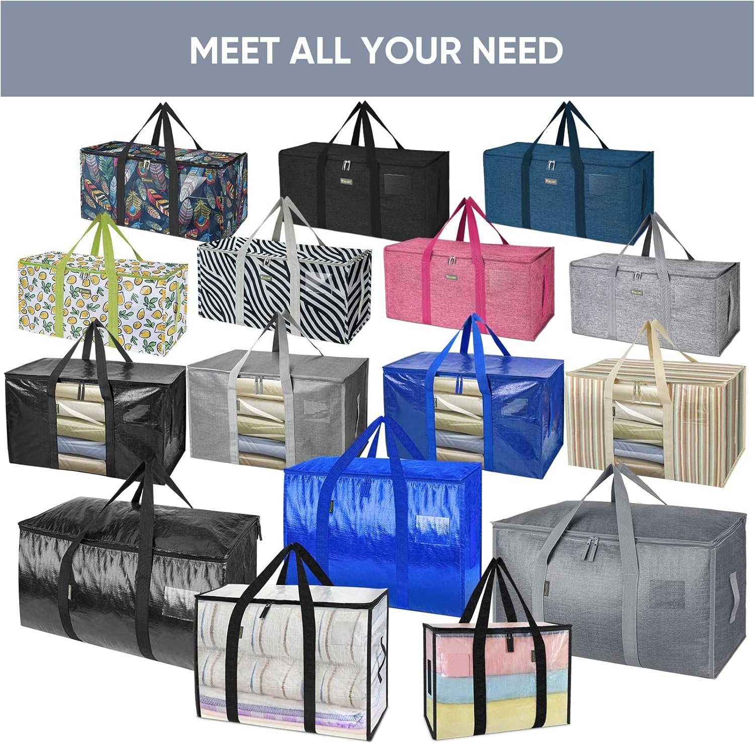 Private Label 4 Pack Extra Large Heavy Duty Moving Bags with Zippers and Carrying Handles Manufacturer Durable Storage Alternative to Boxes for Closet Organizers Custom Logo Blue