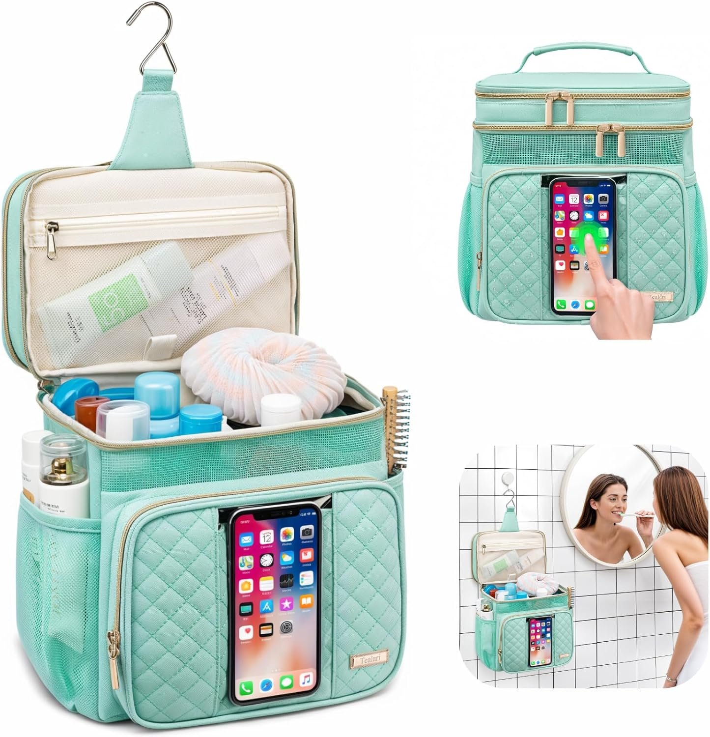 Custom Logo Large Water Resistant Hanging Toiletry Bag for Women Men Bathroom Shower Makeup Portable College Dorm Caddy Private Label with Transparent Waterproof Phone Pocket Factory