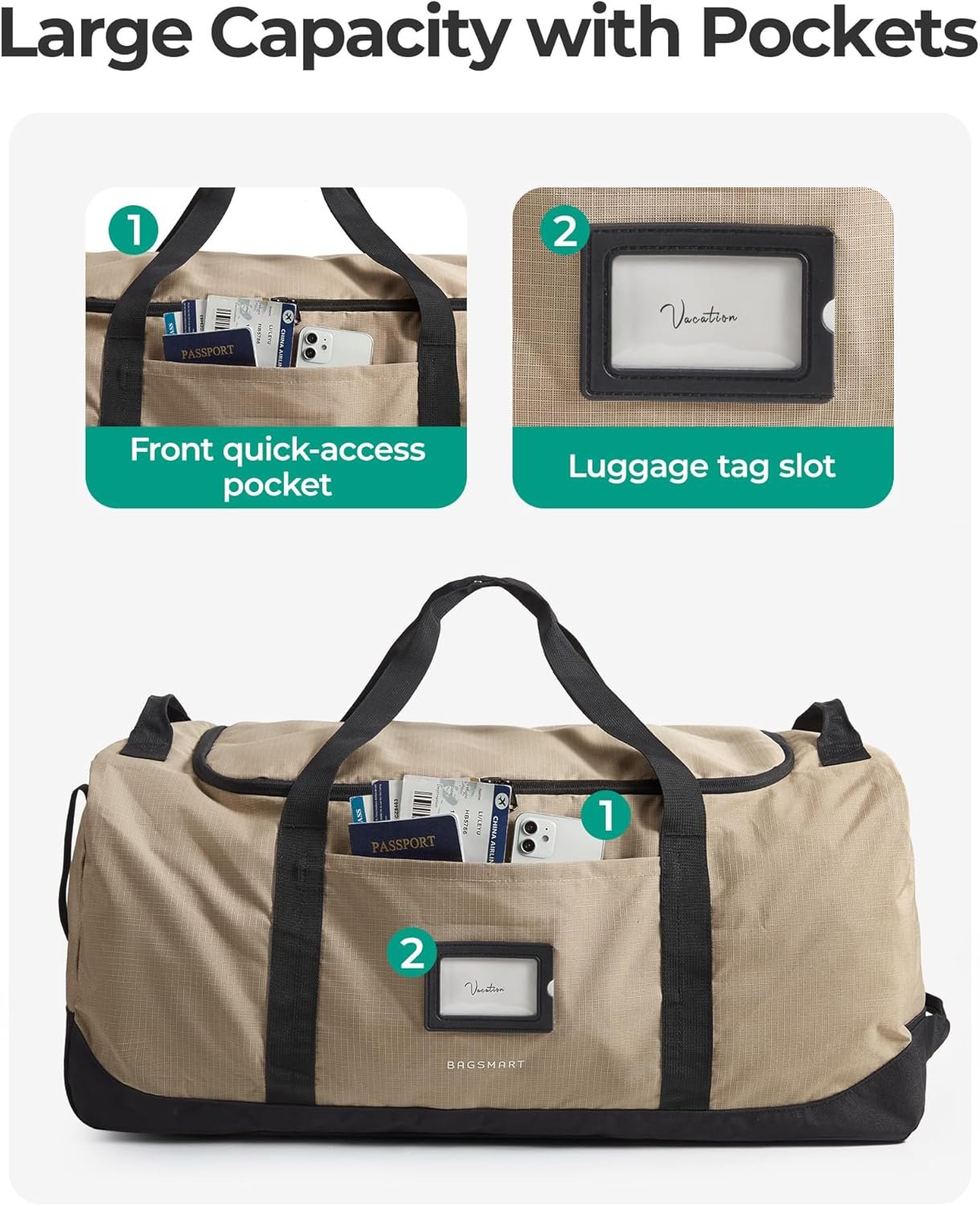 Private Label 83L Foldable Large Travel Duffle Weekender Bag with Custom Logo for Sport College Camping Water Resistant Brown Manufacturer