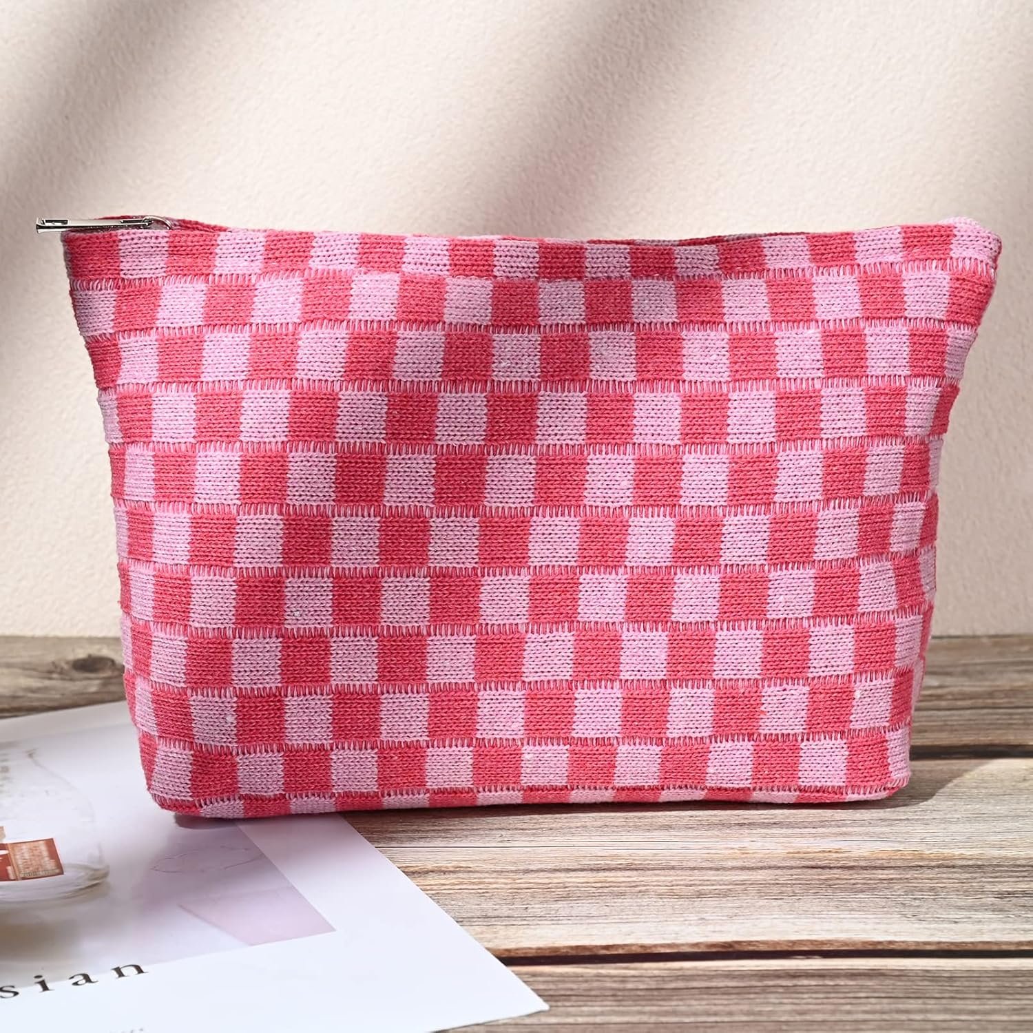Custom Logo 2 Pieces Large Checkered Cosmetic Makeup Bag Canvas Travel Toiletry Organizer Private Label for Women Rose Red Manufacturer