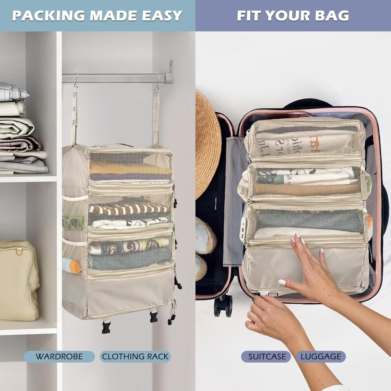 Private Label Travel Hanging Portable Luggage Suitcase Closet Organizer Multiple Compartments Custom Logo Collapsible Compression Packing Cubes Shelf Beige M Manufacturer