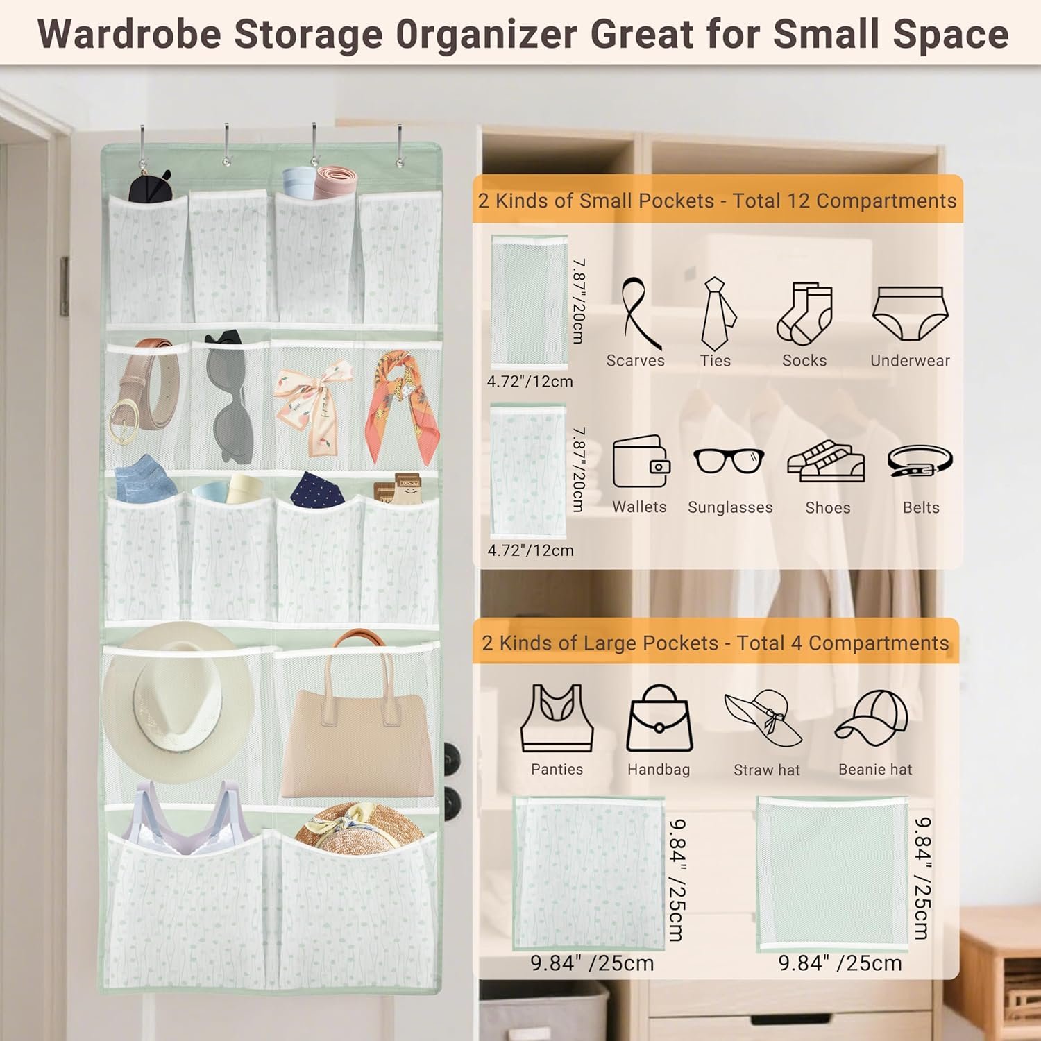 Custom Logo 16 Pockets Over Door Hanging Organizer Private Label Back of Door Shoes Organizer with 4 Kinds of Pouches Factory Closet Hanging Shelf Holder for Socks Hats Underwear Travel Outfits Home Dorm RV Storage