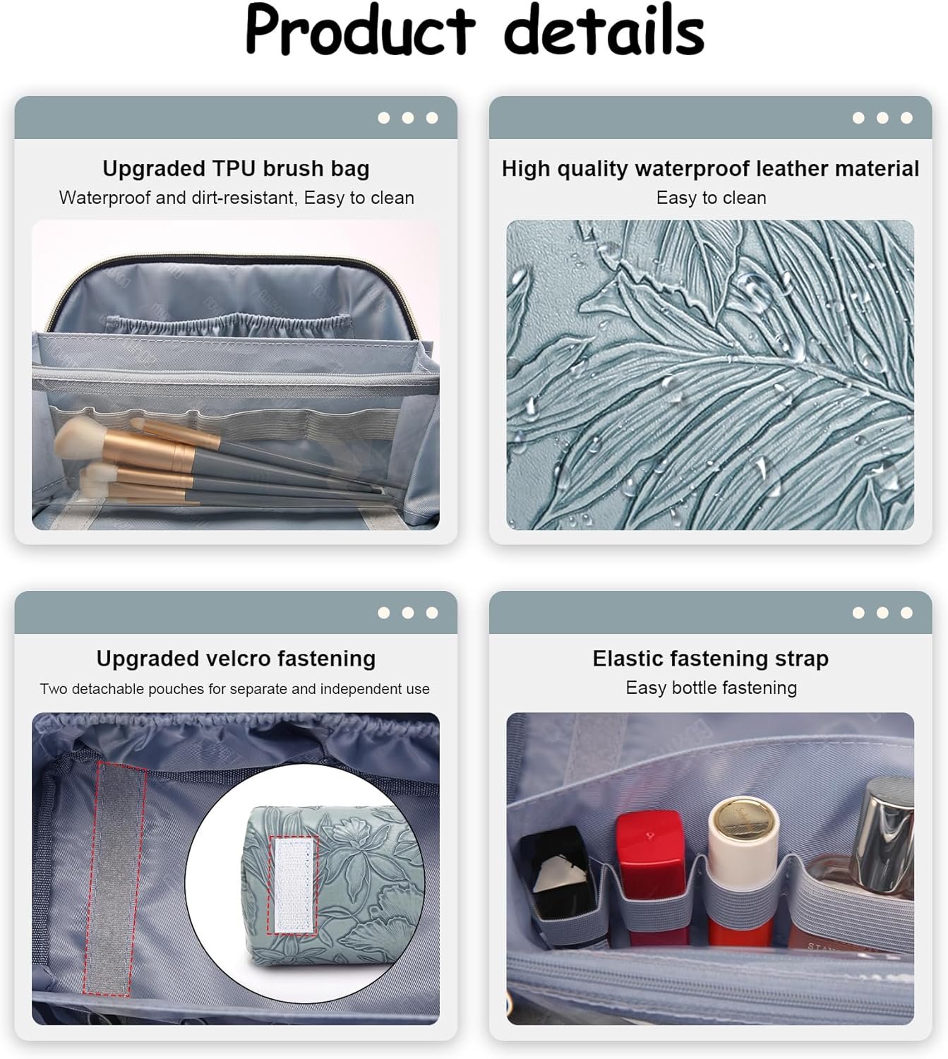 Private Label 3 Pcs Large Capacity Travel Makeup Bags Floral Cosmetic Organizer Manufacturer with Compartments Waterproof Leather Toiletry Bag with Handle Custom Logo for Women (01-Light Blue)