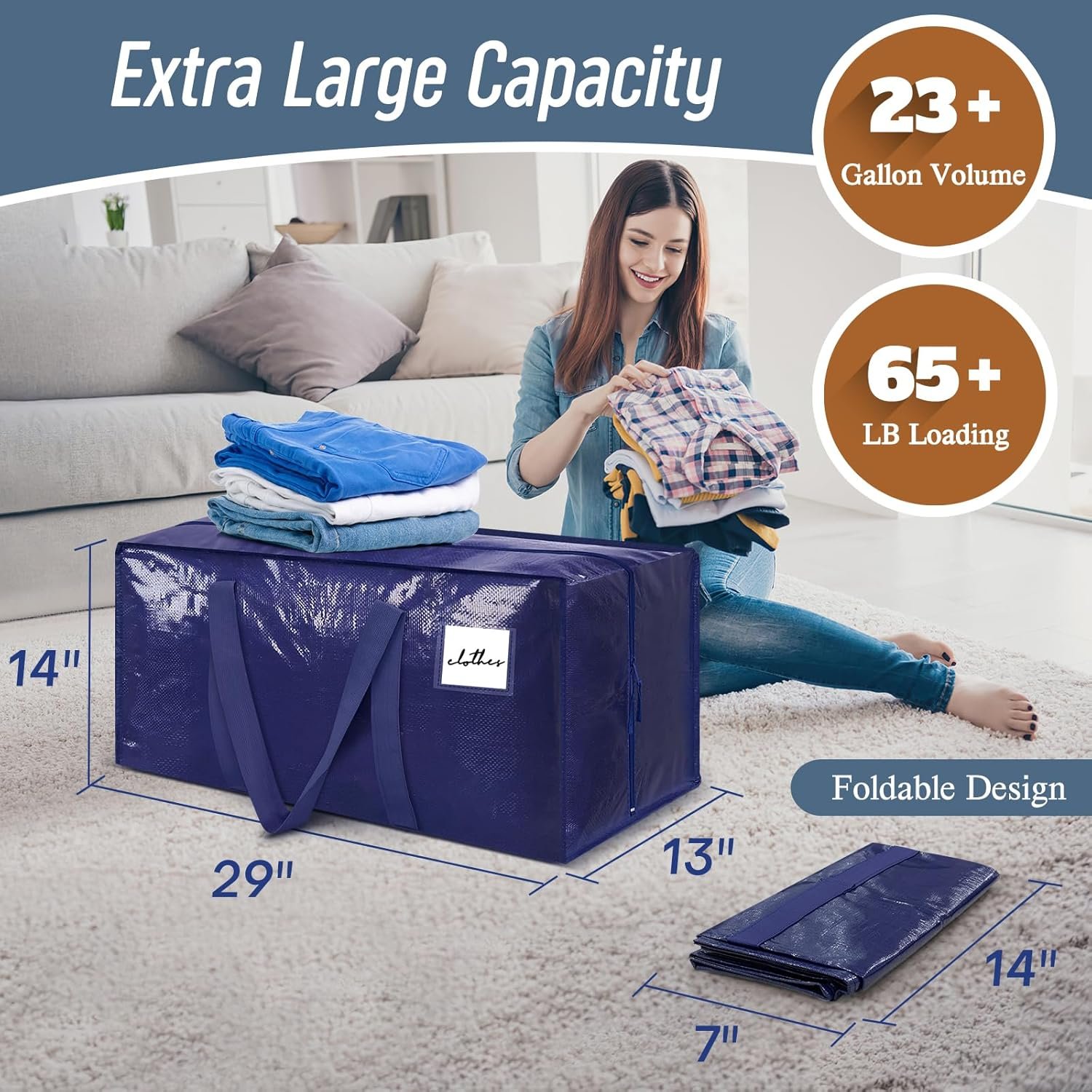 Private Label 6 Pack Extra Heavy Duty Large Moving Bags with Strong Zipper Comfortable Handles, Manufacturer Sturdy Durable Clothes Storage Totes Bins, Custom Logo Dark Blue Packing Bags for College Supplies