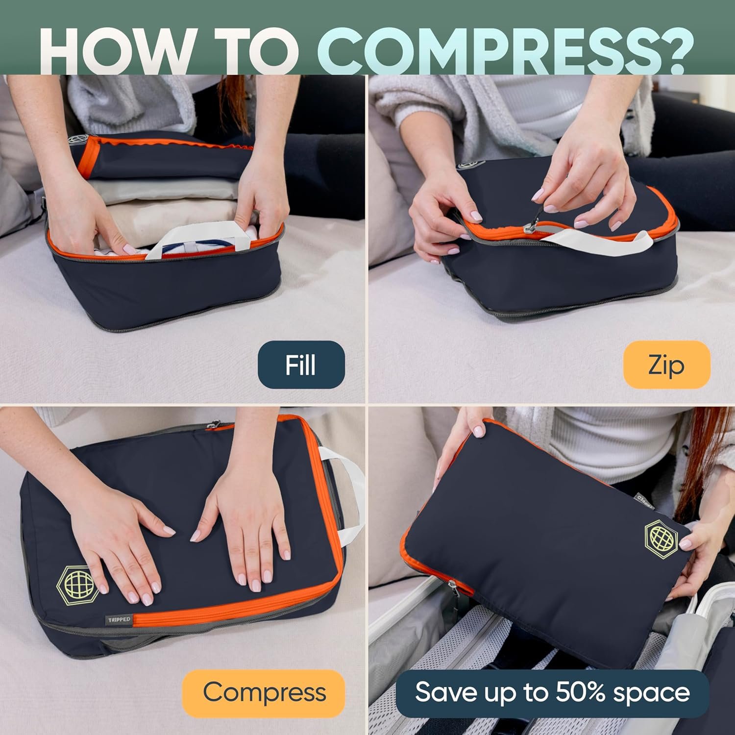 Manufacturer of Large Compression Packing Cubes for Travel - Private Label Packing Cube Luggage Organizers 7 Piece Set for Checked Luggage - Ultralight Expandable Compression Bags with Custom Logo (Grey/Orange)