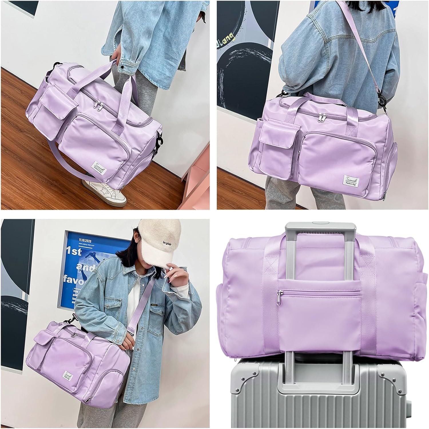 Private Label Travel Duffel Bag with Shoes Compartment and Dry Wet Separated Pocket Sports Gym Overnight Weekender Yoga Training Bag for Men and Women Custom Logo Manufacturer Purple