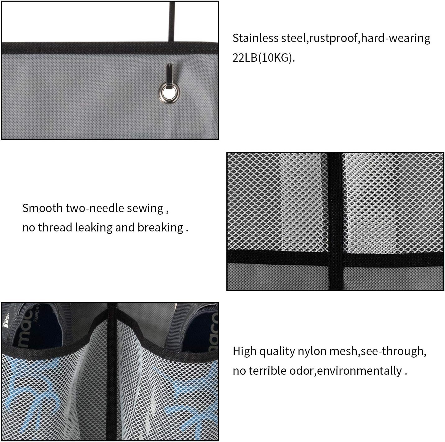 Private Label Over-the-Door Shoe Organizer 2 Pack with Mesh Pockets - Custom Logo Hanging Shoe Rack Shoe Storage Closet 4 Hooks Washable Breathable Fabric - Large Size 57.5×12.6inch Grey Manufacturer