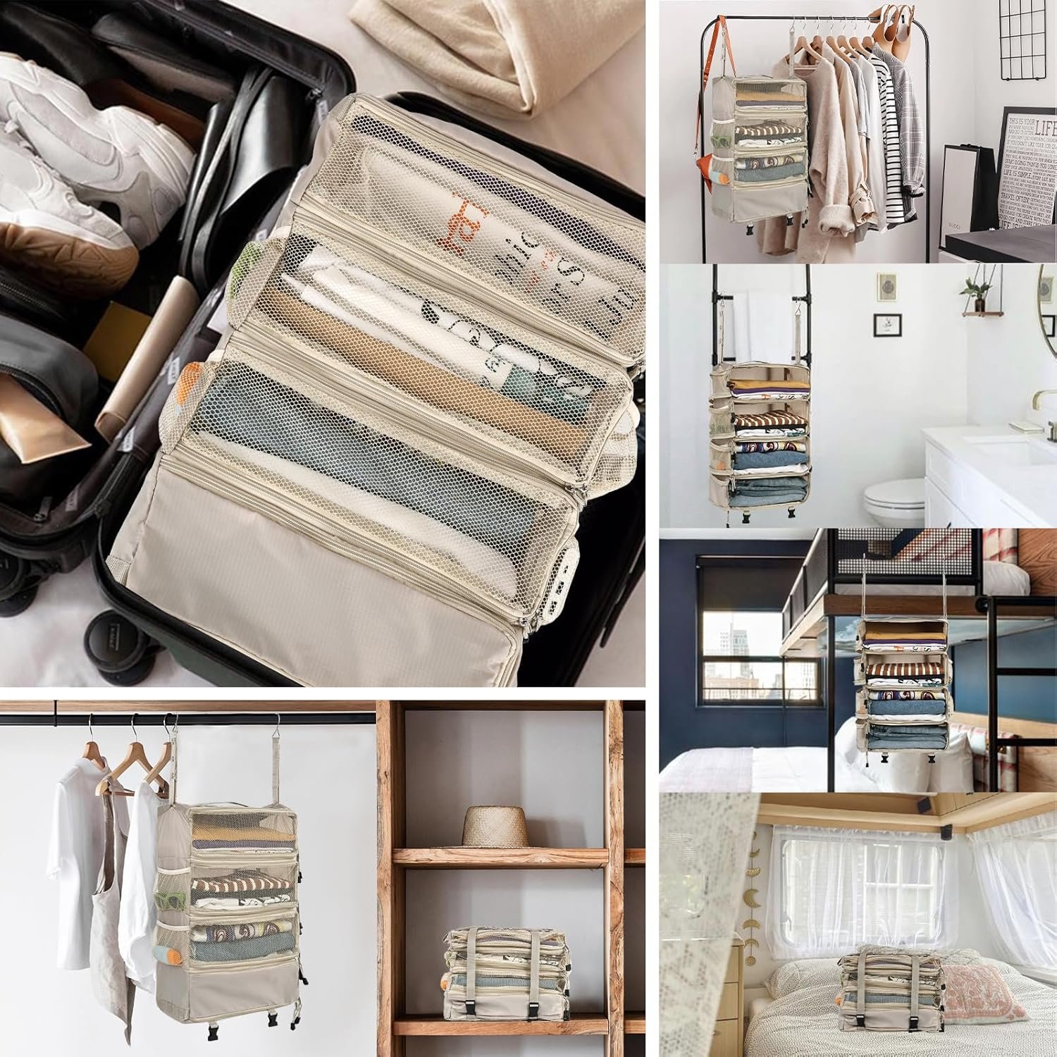 Private Label Travel Hanging Portable Luggage Suitcase Closet Organizer Multiple Compartments Custom Logo Collapsible Compression Packing Cubes Shelf Beige M Manufacturer