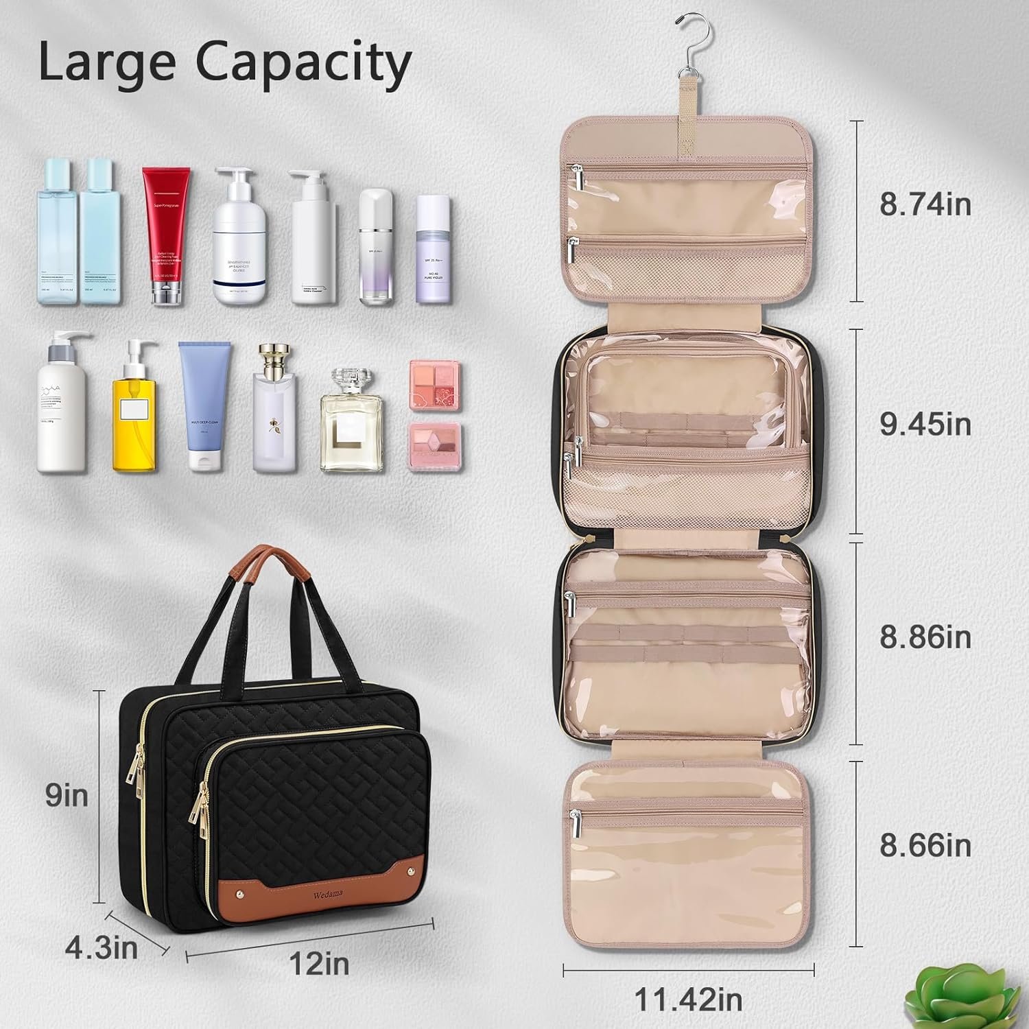 Private Label Large Hanging Travel Toiletry Bag for Women Manufacturer with Jewelry Organizer Compartment PVC Waterproof Makeup Cosmetic Bag Custom Logo Black