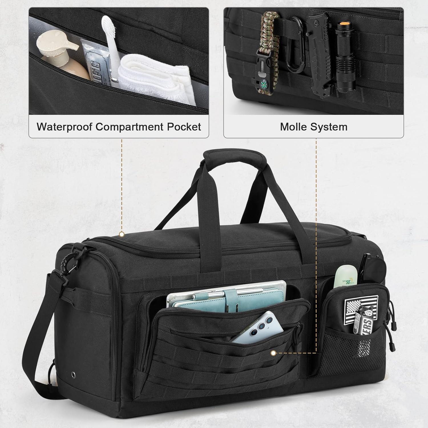 Private Label 3-in-1 50L Large Travel Duffle Bag Gym Sports Tactical Military Backpack with Custom Logo Shoes Compartment Wet Pocket Factory (Black)