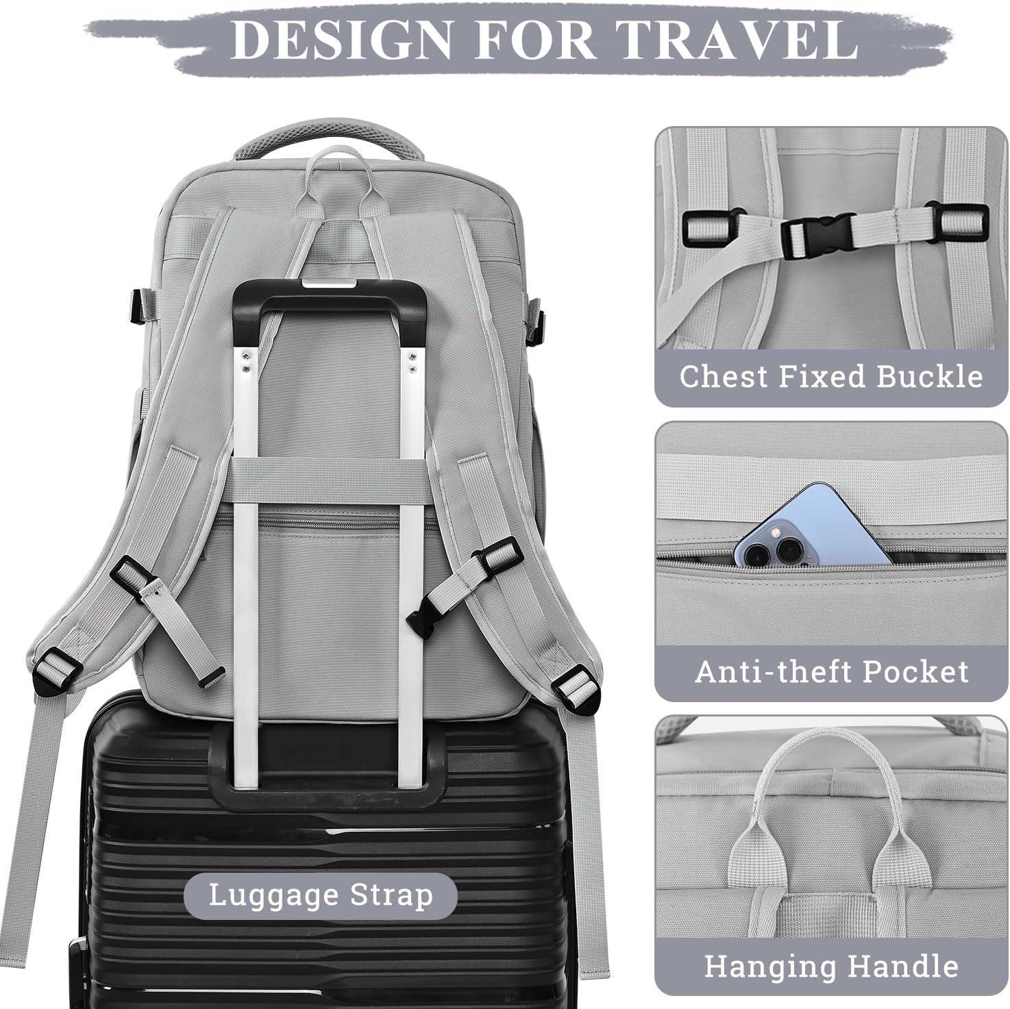Custom Logo 40L 17 Inch Laptop Carry On Flight Approved Travel Backpack Private Label Waterproof Personal Item Bag for Business Work College School Weekend Manufacturer Gray