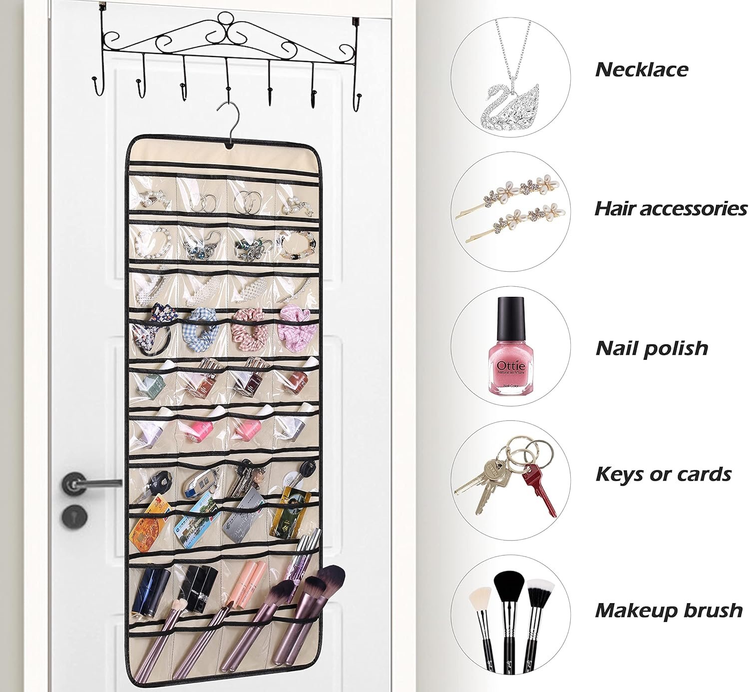 Private Label Dual-Sided Hanging Jewelry Organizer with 40 Pockets and 20 Hook & Loops Custom Logo Closet Necklace Holder for Earrings Bracelets Rings Chains with Rotating Hanger Beige Manufacturer