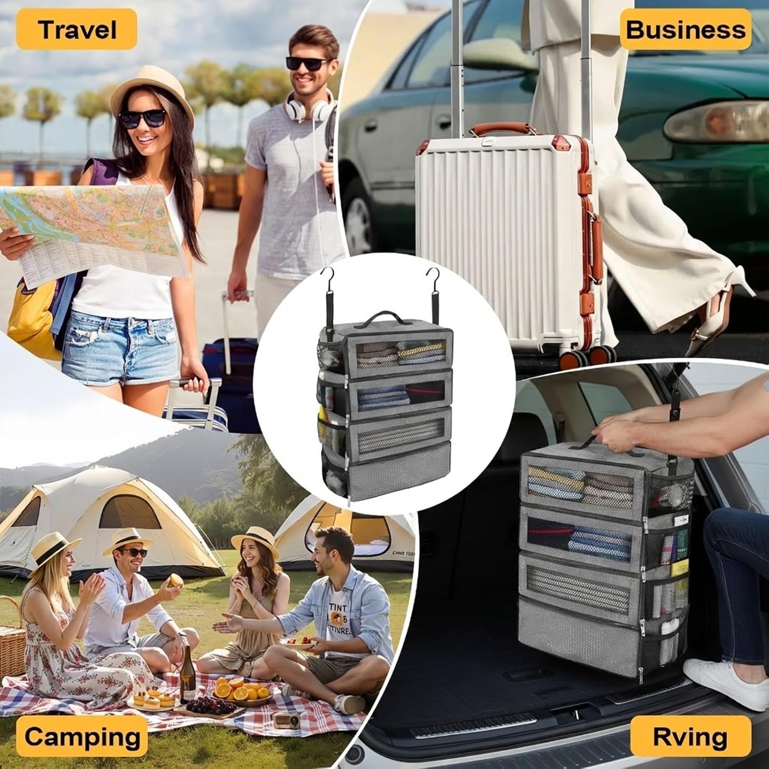Manufacturer Suitcase Organizer - Portable Collapsible Hanging Packing Cubes Travel Shelves for Carry-On, Private Label with 5 Medium Vacuum Storage Bags and Hand Pump, Custom Logo Gray