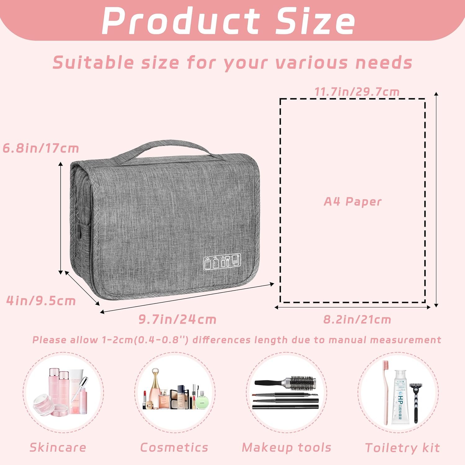 Custom Logo Hanging Toiletry Travel Bag with Hook Waterproof Shower Bathroom Organizer for Men Women, Private Label Small Multifunctional Makeup Cosmetic Bag, Manufacturer Portable Toiletries Organizer (Grey)