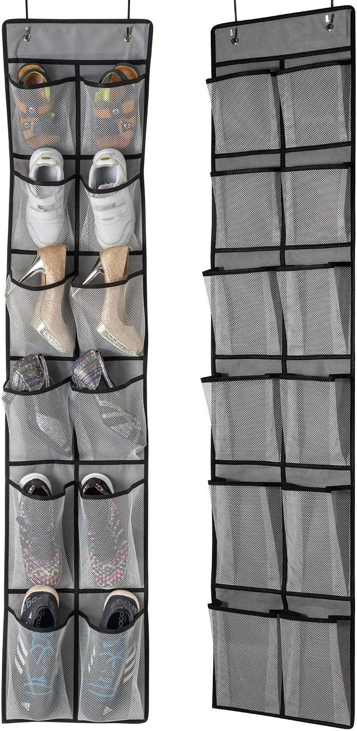 Private Label Over-the-Door Shoe Organizer 2 Pack with Mesh Pockets - Custom Logo Hanging Shoe Rack Shoe Storage Closet 4 Hooks Washable Breathable Fabric - Large Size 57.5×12.6inch Grey Manufacturer