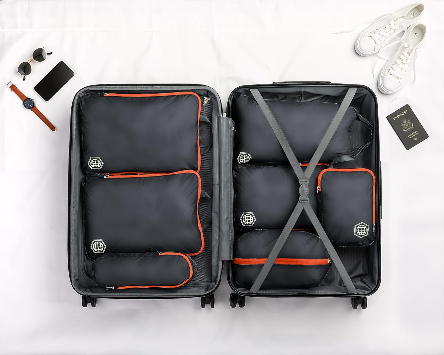 Manufacturer of Large Compression Packing Cubes for Travel - Private Label Packing Cube Luggage Organizers 7 Piece Set for Checked Luggage - Ultralight Expandable Compression Bags with Custom Logo (Grey/Orange)