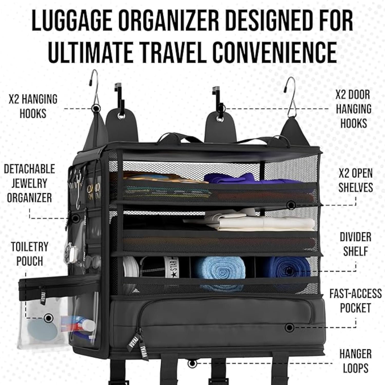 Custom Logo Hanging Suitcase Organizer for Travel - Private Label Carry On Closet Suitcase Hanging Luggage Organizers - Factory Easily Fits Carry On Luggage for Wrinkle Free Packing