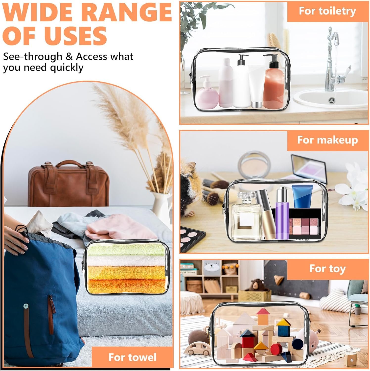 Custom Logo Clear Makeup Bag, Private Label Portable Travel Toiletry Bags with Zipper, TSA Approved PVC Cosmetic Organizer Manufacturer for Airport Airlines