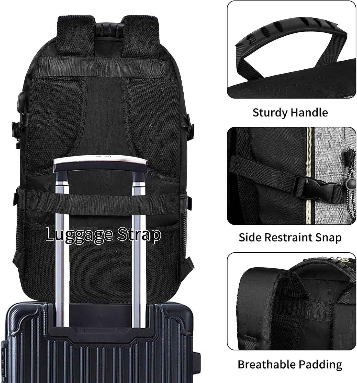 Private Label 16 Inch Airline Approved Carry On Travel Backpack for Women and Men with USB Charging Port and Custom Logo Lightweight Casual Daypack for Hiking Business College Black with Grey by Manufacturer