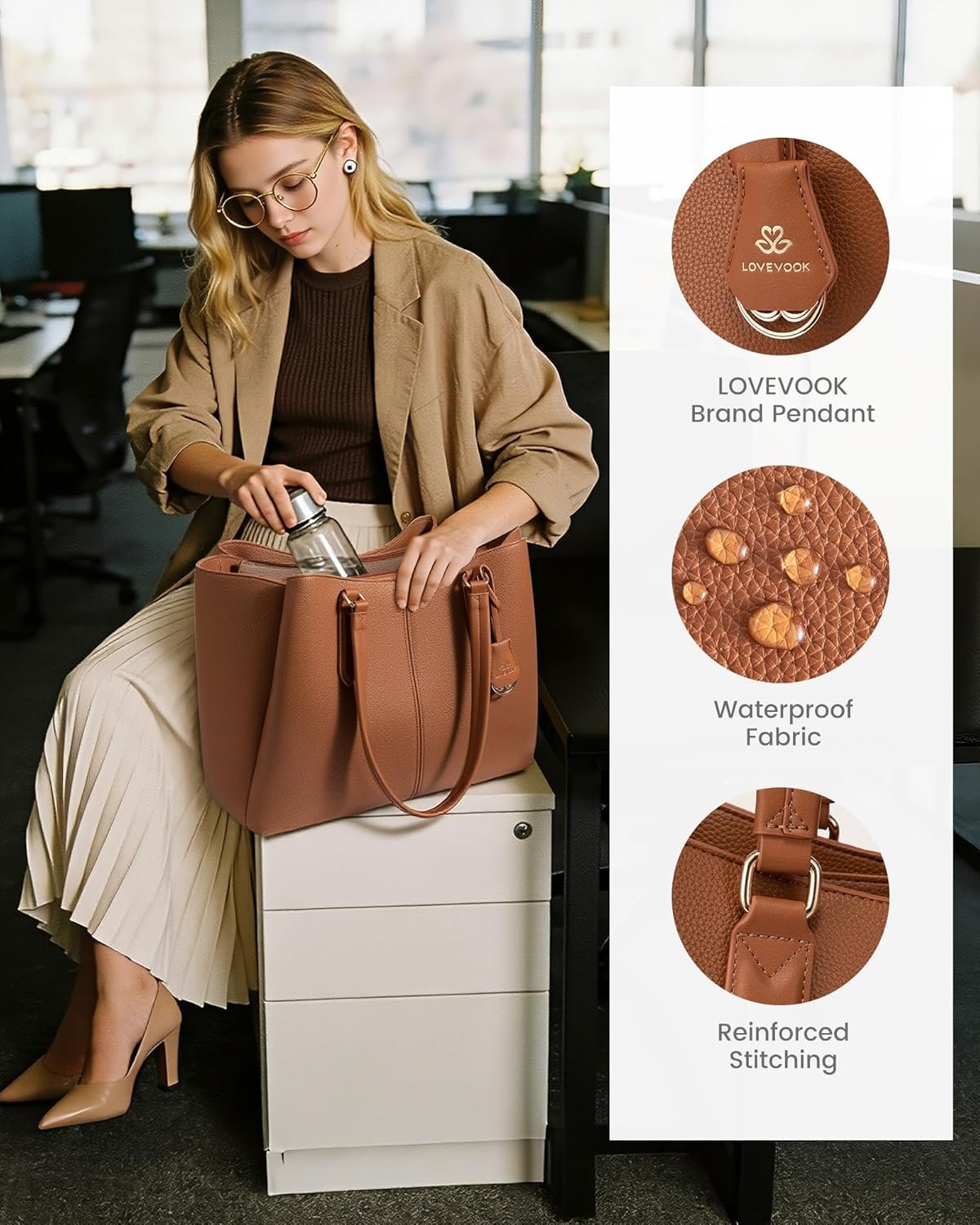 Private Label Womens 15.6 Inch Laptop Tote Bag Custom Logo Work Bag with Triple Compartments Large Faux Leather Computer Office Briefcase Manufacturer