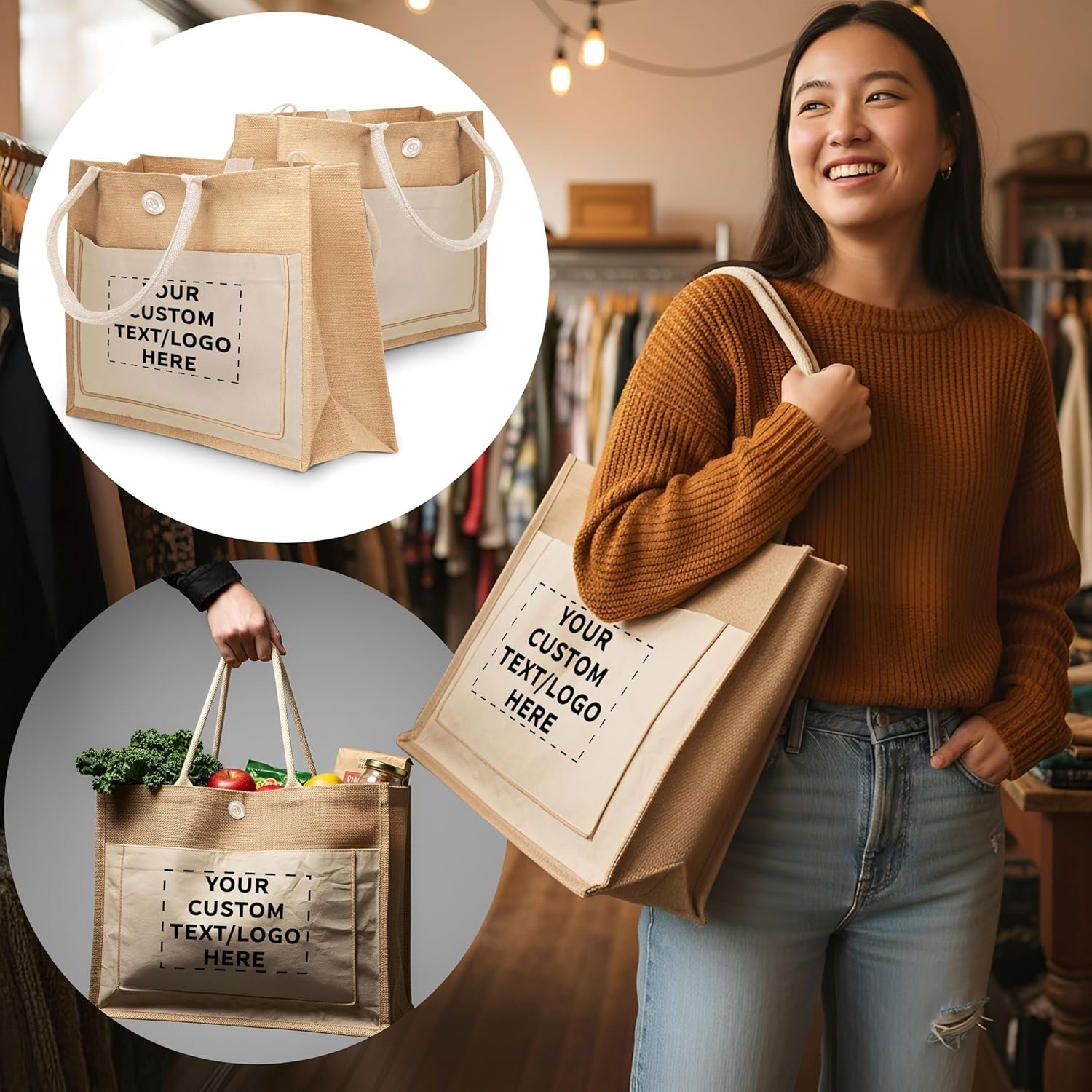 Custom Logo Jute Tote Bags with Cotton Pocket Set of 10 Private Label Bulk Pack from Manufacturer Reusable Natural for Picnic Camping Beach Outdoor Activities