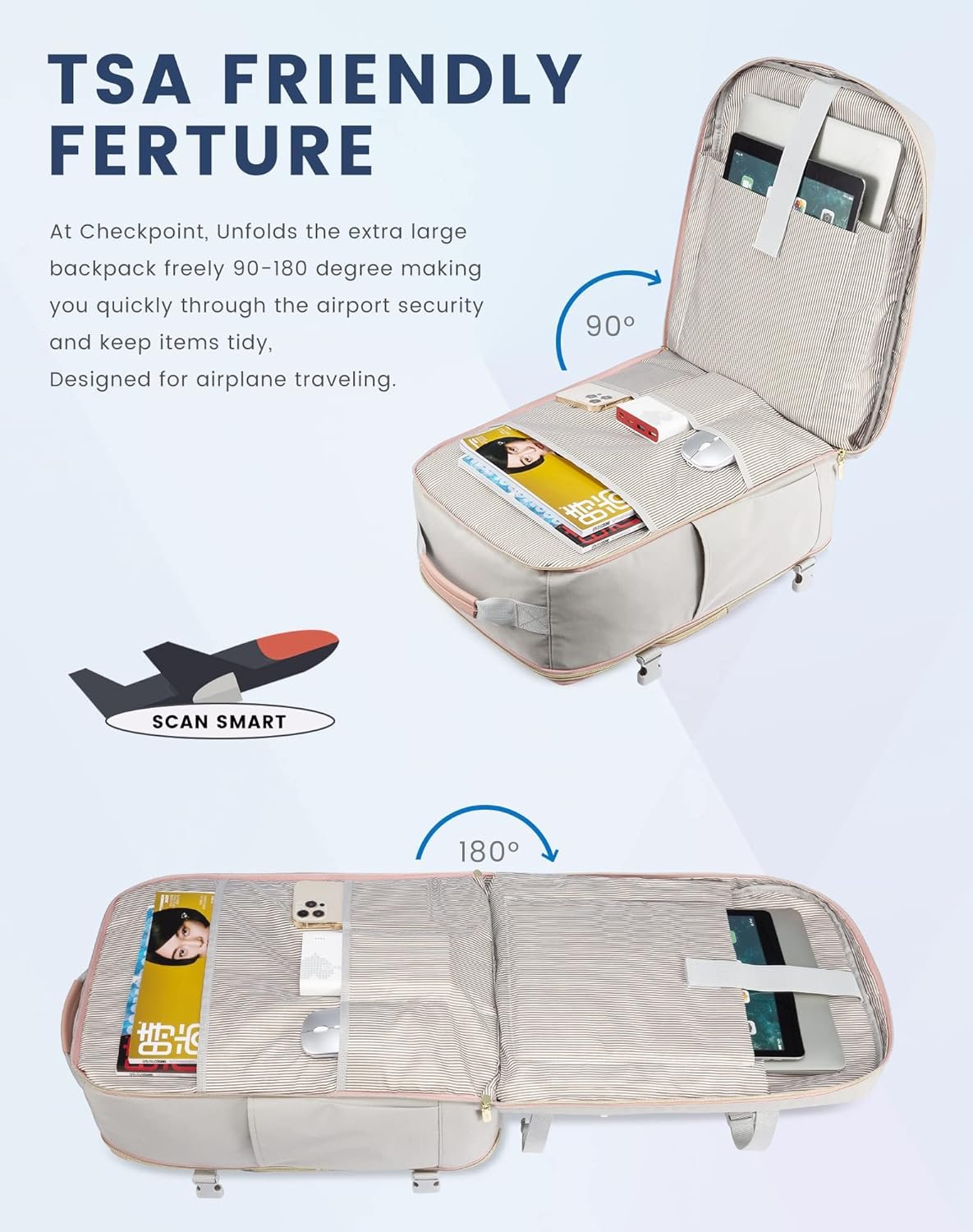 Private Label 40L Airline Approved Carry On Travel Backpack for Women and Men TSA Approved Waterproof Personal Item Bag with 3 Packing Cubes Custom Logo Manufacturer Light Gray-Pink