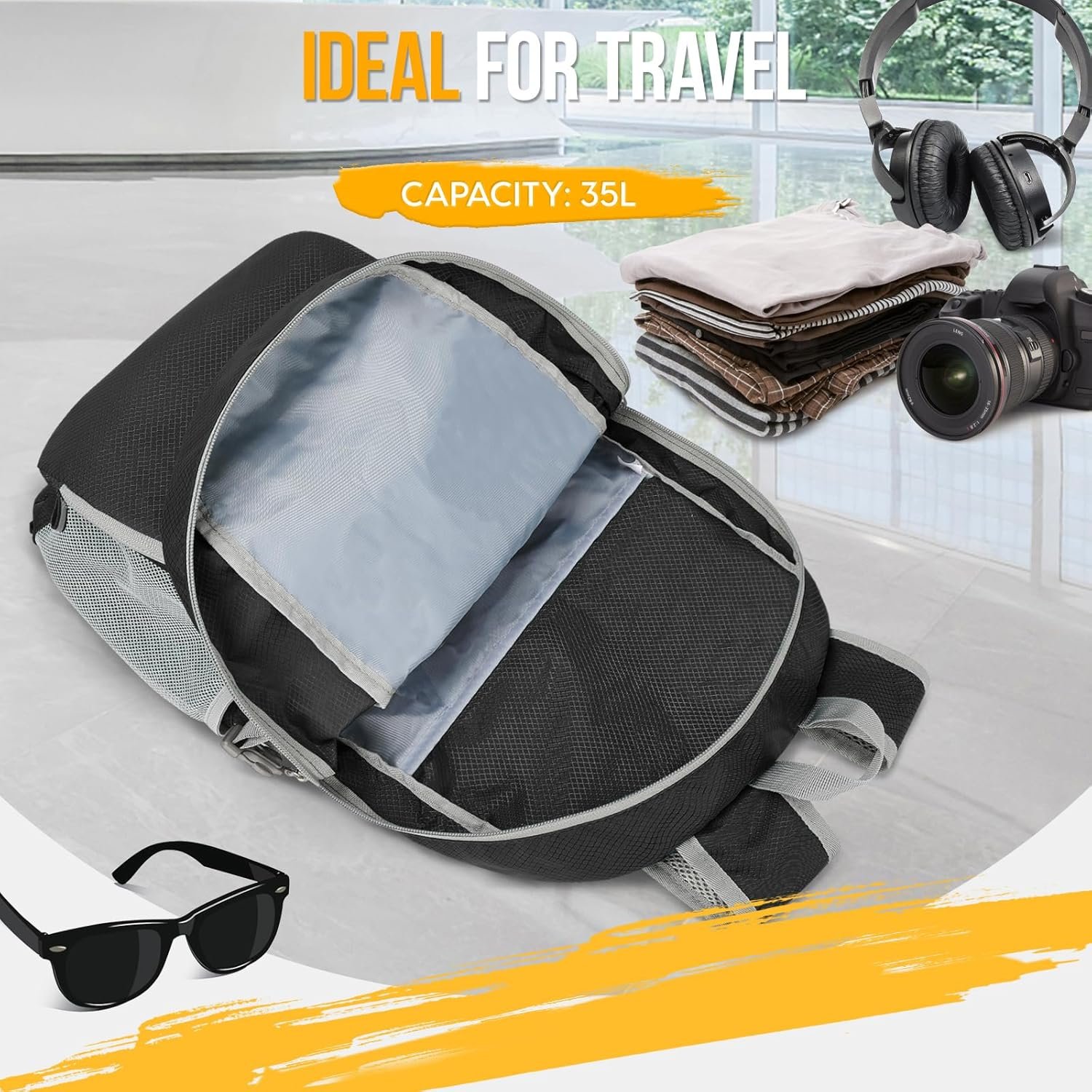 Private Label 35L Lightweight Packable Backpack Water Resistant Foldable Collapsible Hiking Day Pack from Manufacturer with Custom Logo for Travel Camping (Black)