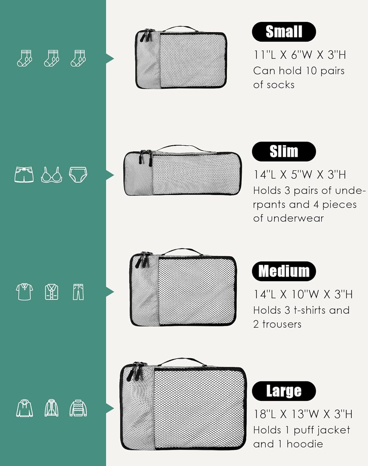 Manufacturer of 4-Piece Packing Cubes - Private Label Luggage Organizer Bags with Double Zipper Mesh Top for Suitcases - Custom Logo Small/Medium/Large/Slim - Grey