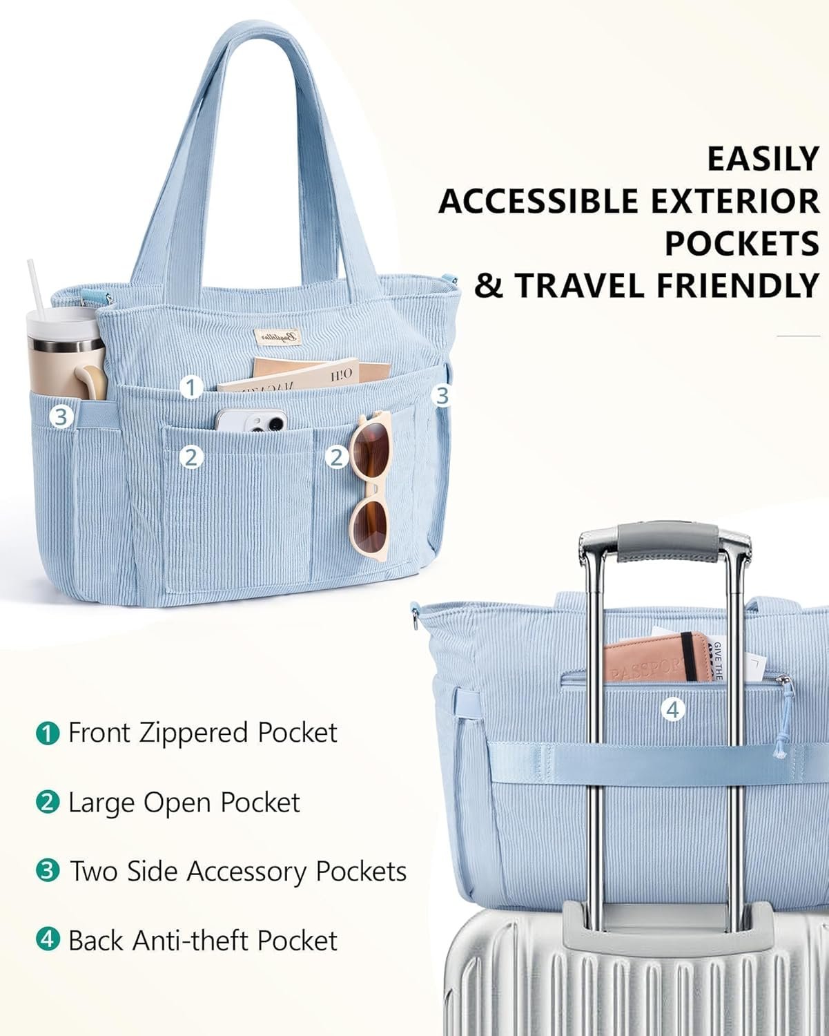 Private Label Corduroy Tote Bag for Women 17 Pockets Laptop Work Tote Lightweight Teacher Nurse Bible Bag School Travel with 40oz Cup Holder Custom Logo Multi Compartment Zipper Crossbody College Shoulder Bag Daily Purse with Strap from Factory