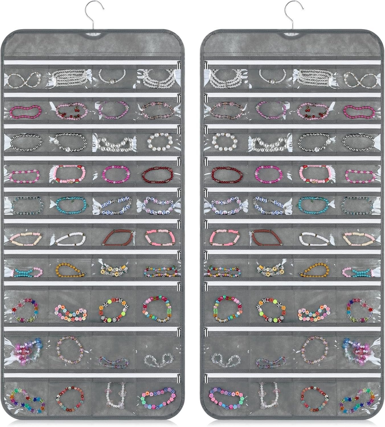 Private Label 2 Pack Dual-Sided Zippered Pocket Hanging Jewelry Organizer with Custom Logo 80 Zippered Pockets Each by Manufacturer for Earrings Bracelets Rings