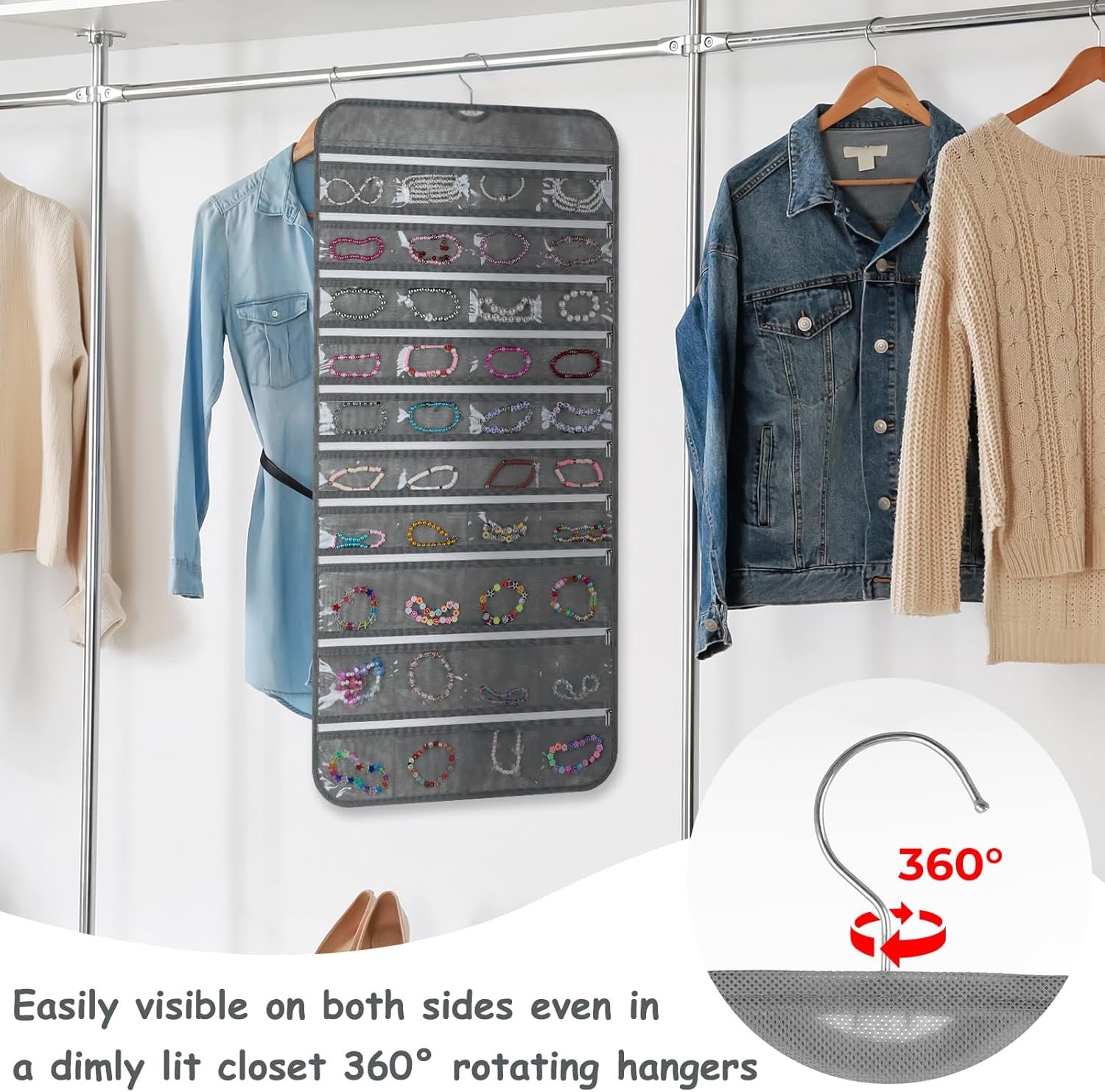 Private Label 2 Pack Dual-Sided Zippered Pocket Hanging Jewelry Organizer with Custom Logo 80 Zippered Pockets Each by Manufacturer for Earrings Bracelets Rings