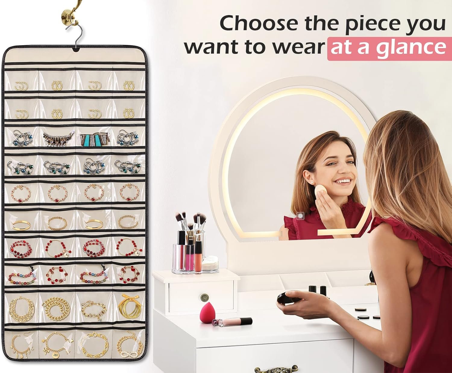 Private Label Dual-Sided Hanging Jewelry Organizer with 40 Pockets and 20 Hook & Loops Custom Logo Closet Necklace Holder for Earrings Bracelets Rings Chains with Rotating Hanger Beige Manufacturer