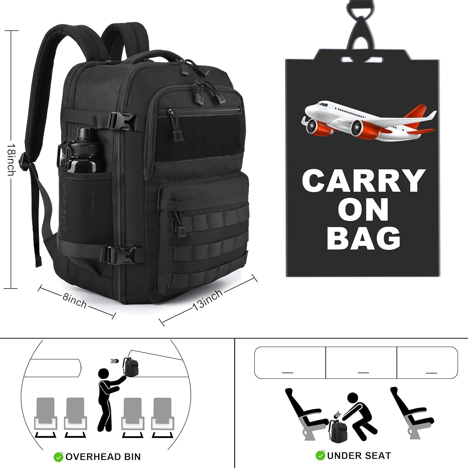 Private Label Extra Large TSA Approved Carry On Backpack, Manufacturer Tactical Travel Backpack for Men, Airplane Approved Water Resistant Lightweight Laptop Weekender Bag with Custom Logo, Black