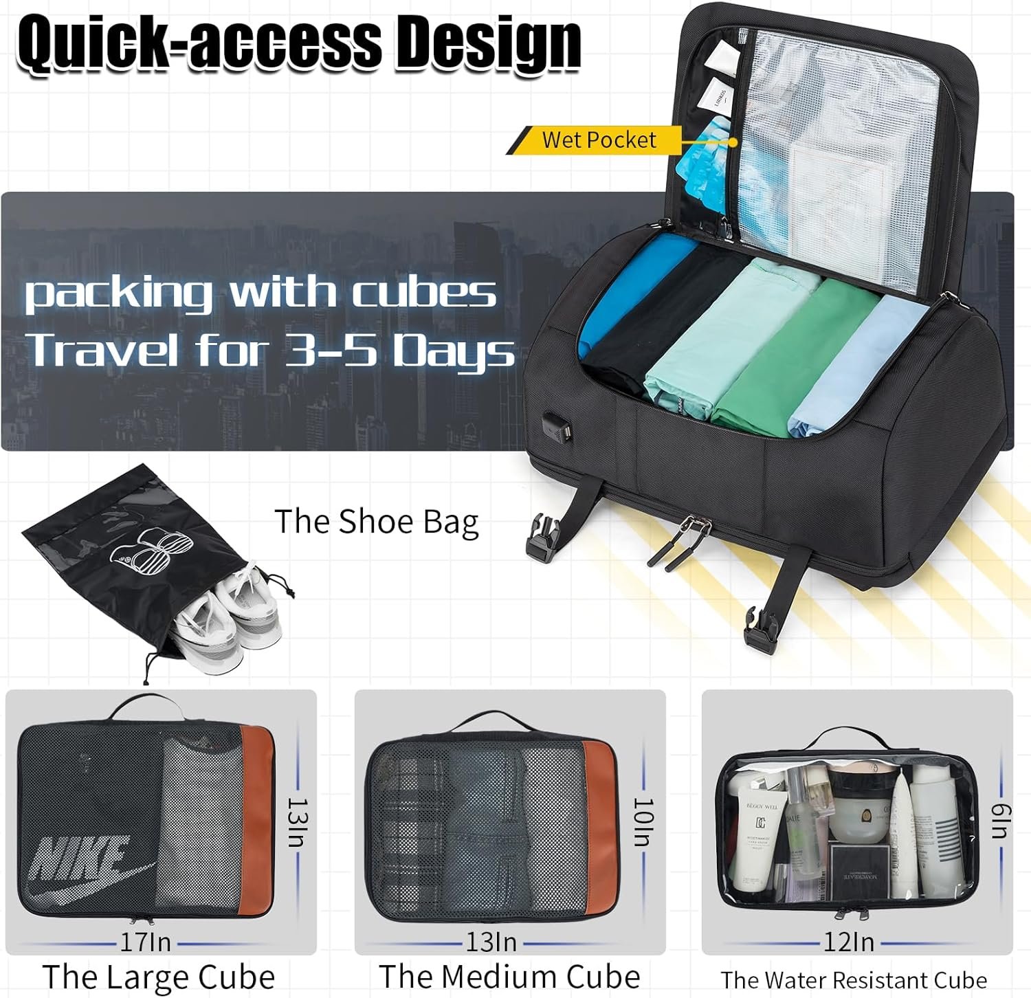 Custom Logo 42L Travel Backpack with 4 Packing Cubes Private Label TSA Friendly Carry-On Bag with USB Charging Port Water-Resistant Weekender Business Backpack for Men Women Manufacturer Fits 17.3