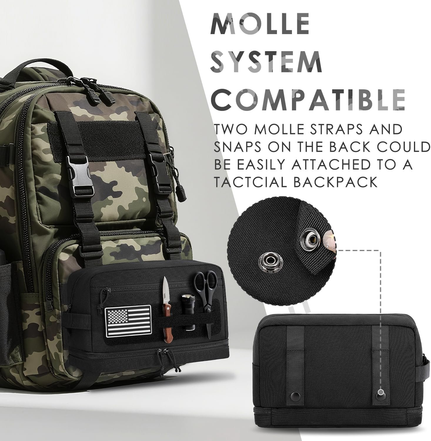 Private Label Tactical Toiletry Bag for Men Double Layer Hanging Water Resistant Shaving Dopp Kit with EDC Molle Pouches Travel Hygiene Organizer Bathroom Shower Makeup for Women Manufacturer Custom Logo Black