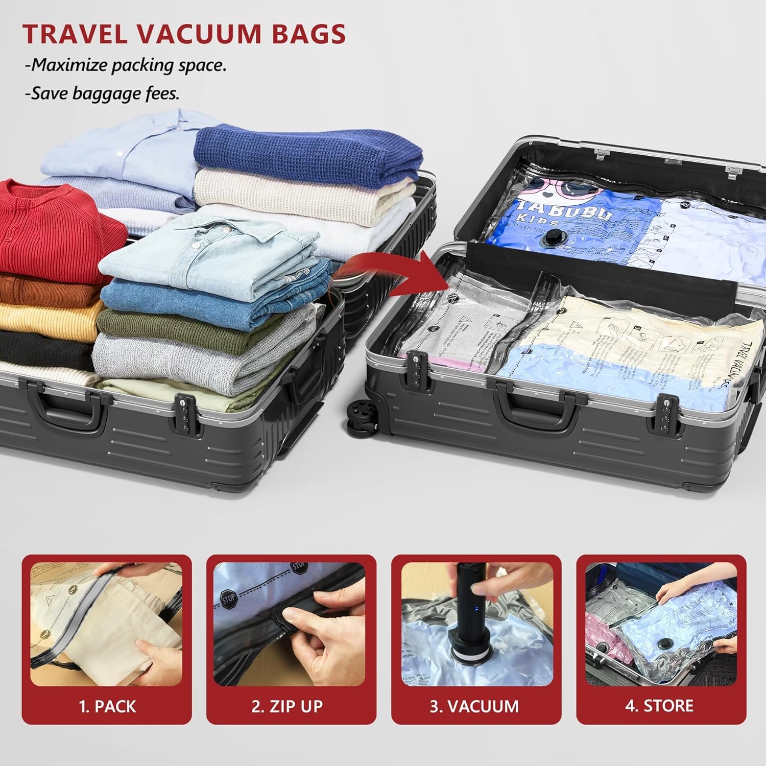 Private Label Travel Vacuum Bags for Clothing with Rechargeable Electric Pump, Custom Logo Compression Packing Cubes Organizer Storage for Luggage Suitcase, Manufacturer Space Saver Seal Bags 18 Combo for Vacation Cruise