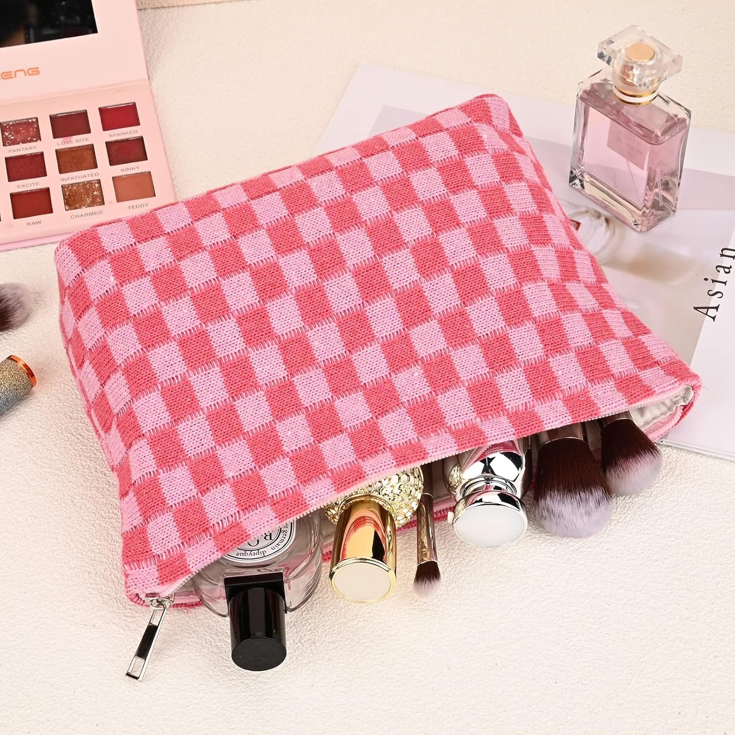 Custom Logo 2 Pieces Large Checkered Cosmetic Makeup Bag Canvas Travel Toiletry Organizer Private Label for Women Rose Red Manufacturer