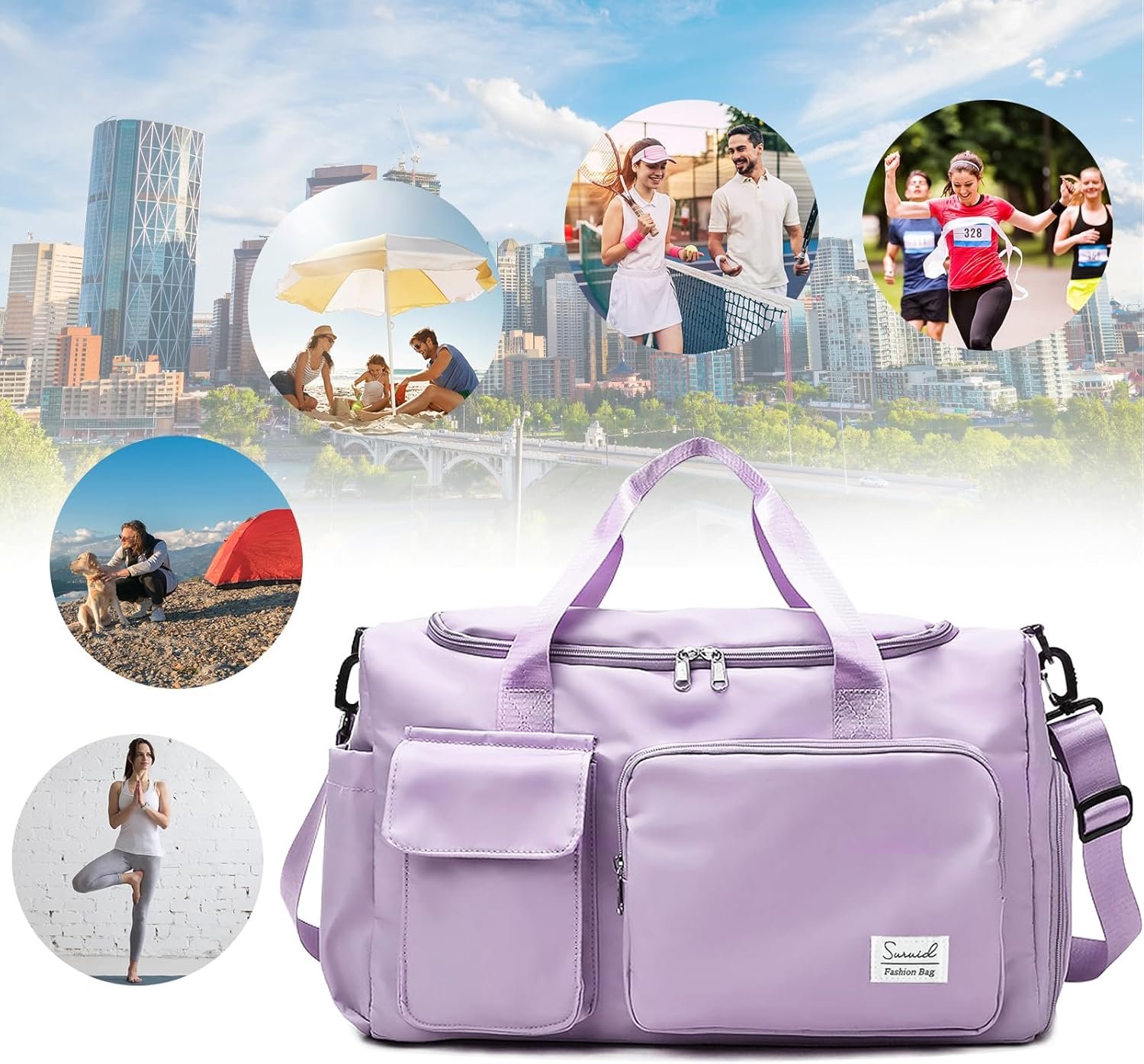 Private Label Travel Duffel Bag with Shoes Compartment and Dry Wet Separated Pocket Sports Gym Overnight Weekender Yoga Training Bag for Men and Women Custom Logo Manufacturer Purple
