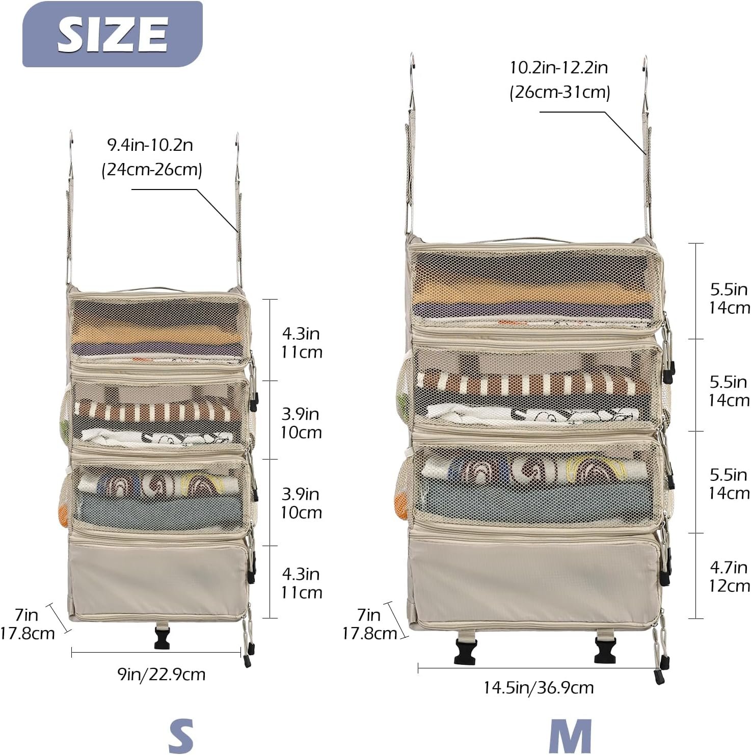 Private Label Travel Hanging Portable Luggage Suitcase Closet Organizer Multiple Compartments Custom Logo Collapsible Compression Packing Cubes Shelf Beige M Manufacturer