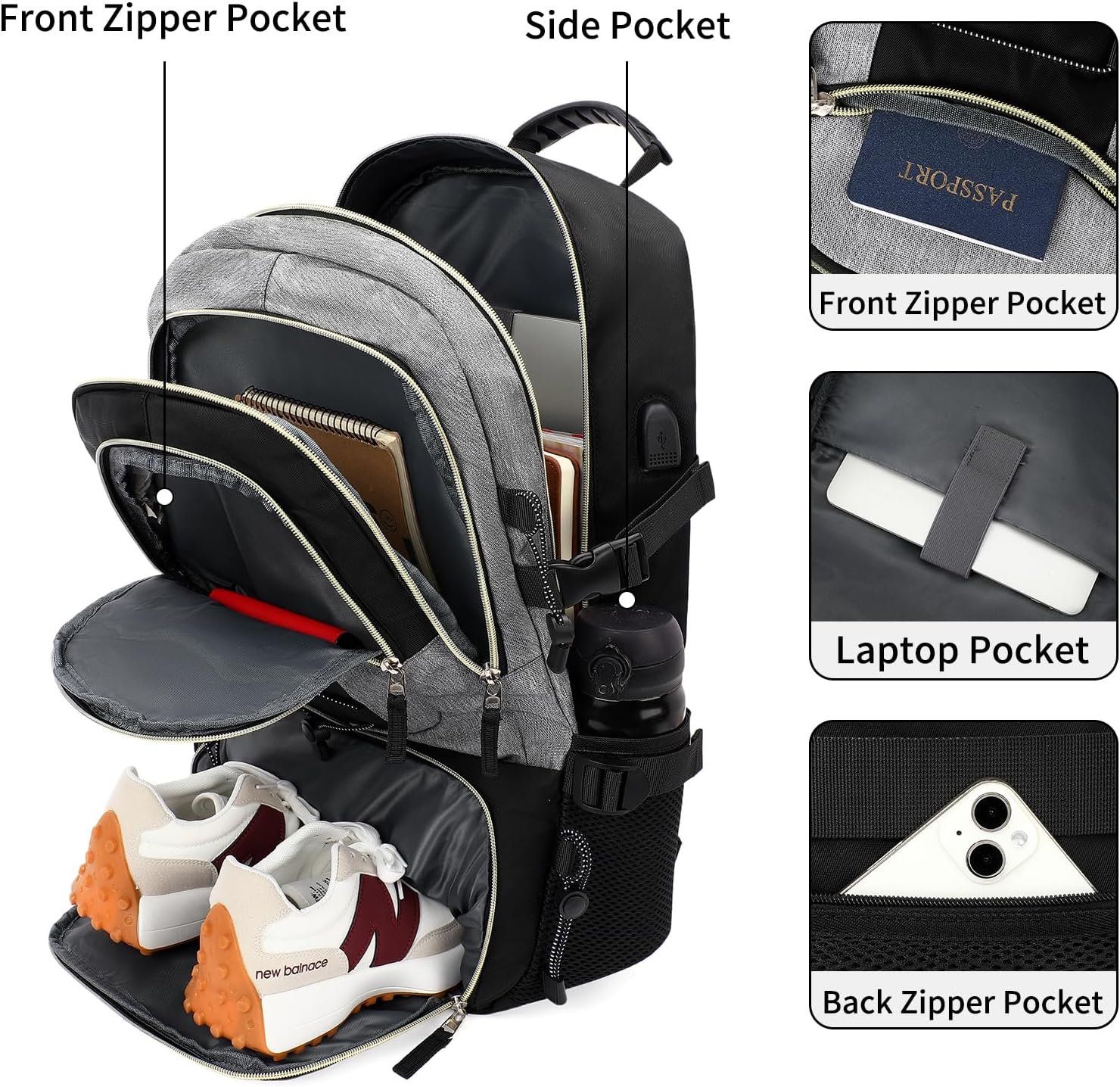 Private Label 16 Inch Airline Approved Carry On Travel Backpack for Women and Men with USB Charging Port and Custom Logo Lightweight Casual Daypack for Hiking Business College Black with Grey by Manufacturer