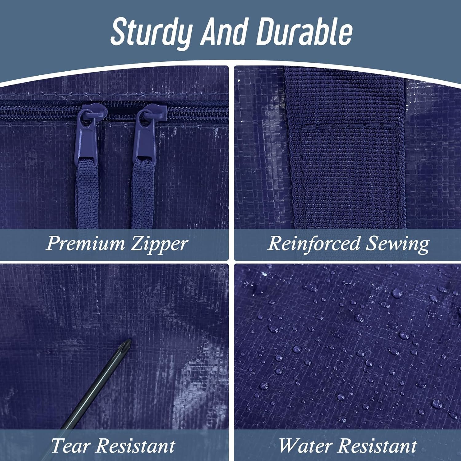 Private Label 6 Pack Extra Heavy Duty Large Moving Bags with Strong Zipper Comfortable Handles, Manufacturer Sturdy Durable Clothes Storage Totes Bins, Custom Logo Dark Blue Packing Bags for College Supplies