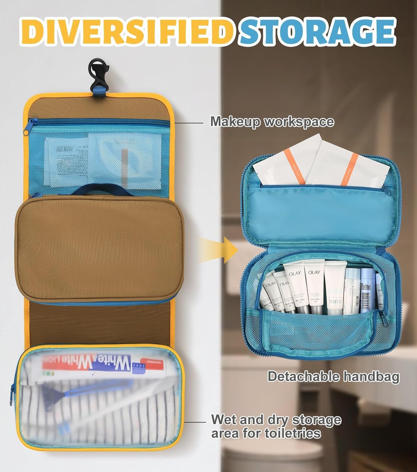 Private Label 2025 Large-Capacity Foldable Travel Toiletry Bag - Custom Logo Multi-Functional Detachable Portable Compact Hanging Manufacturer Dune Yellow