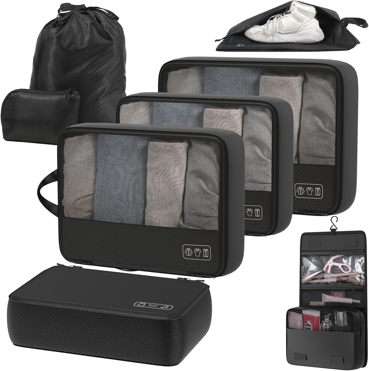 Custom Logo Ultralight 8-Set Compression Packing Cubes for Travel Private Label Suitcase Luggage Organizers with Toiletry Laundry Bags Manufacturer Black