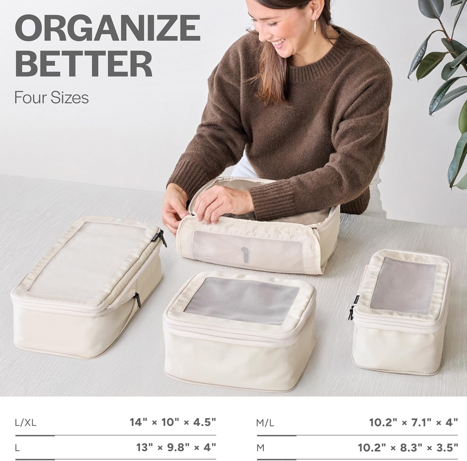 Custom Logo Compression Packing Cubes for Travel - Private Label Double Zipper Luggage Organizer Bags for Suitcases from Factory (4-Pack, Beige)