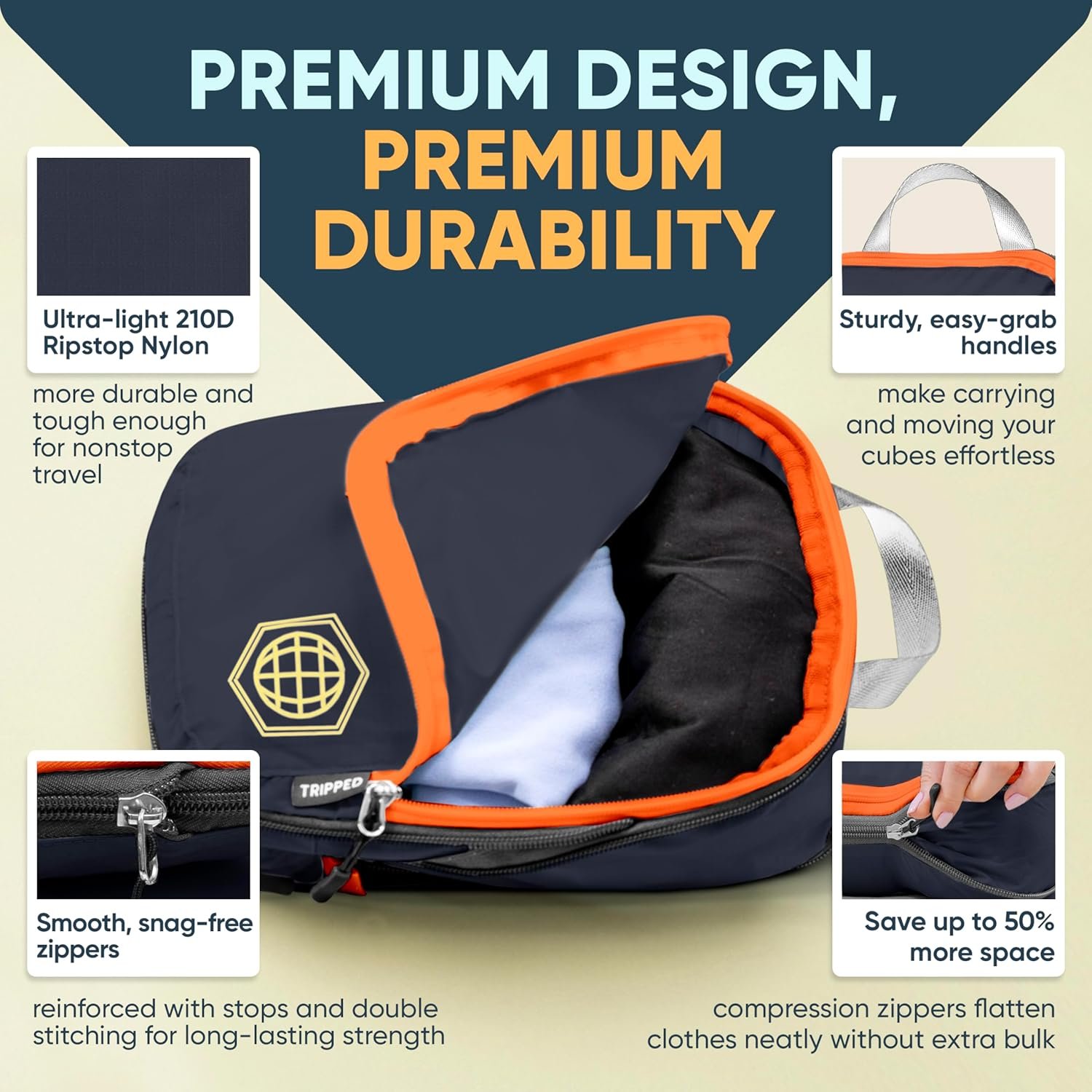 Manufacturer of Large Compression Packing Cubes for Travel - Private Label Packing Cube Luggage Organizers 7 Piece Set for Checked Luggage - Ultralight Expandable Compression Bags with Custom Logo (Grey/Orange)