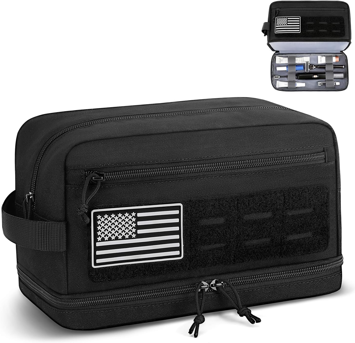 Private Label Tactical Toiletry Bag for Men Double Layer Hanging Water Resistant Shaving Dopp Kit with EDC Molle Pouches Travel Hygiene Organizer Bathroom Shower Makeup for Women Manufacturer Custom Logo Black